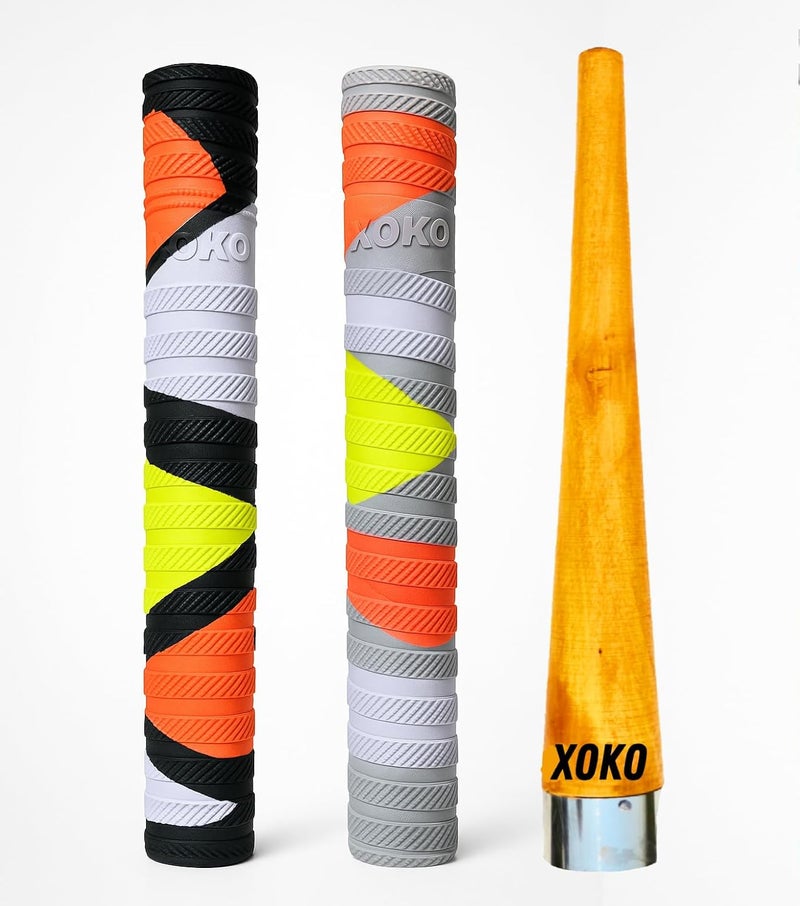 xoko Cricket Bat Grip, Multi-Coloured Non-slip Rubber, Textured Design with Black, Orange, Yellow, White and Grey Sections With Wooden Cone. - Image 1