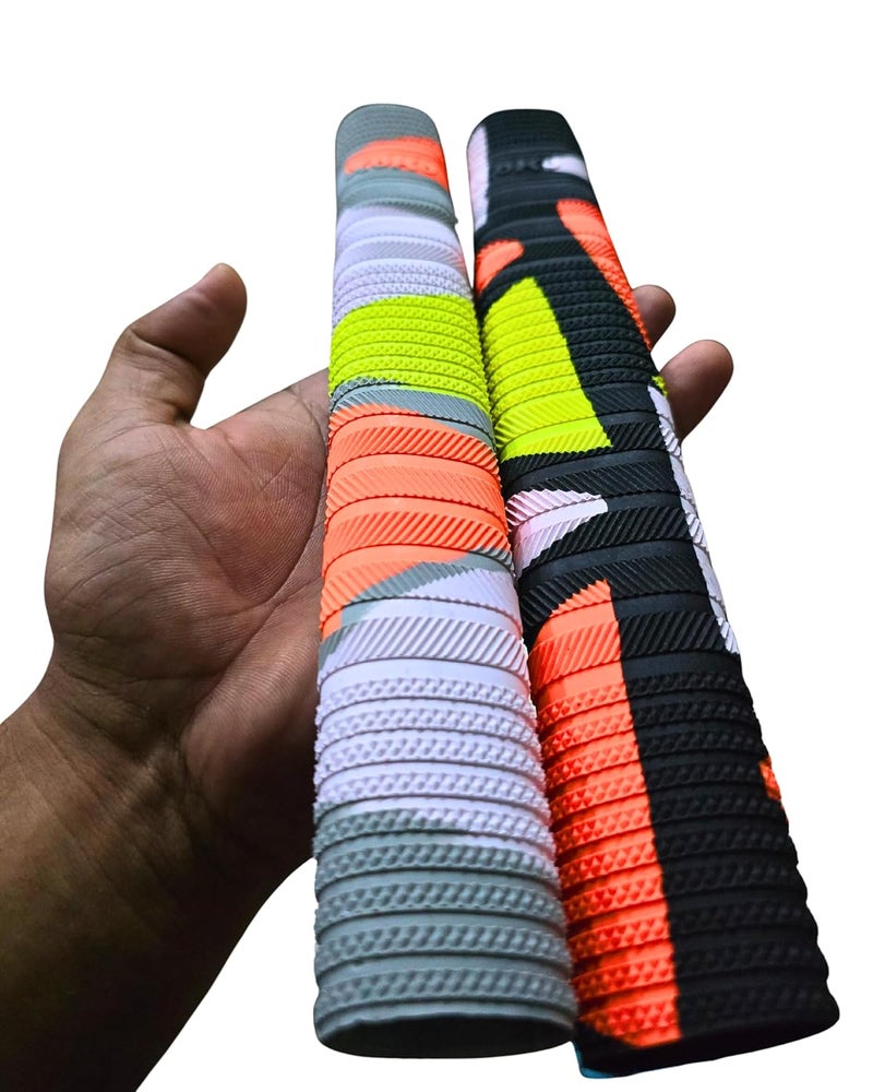 xoko Cricket Bat Grip, Multi-Coloured Non-slip Rubber, Textured Design with Black, Orange, Yellow, White and Grey Sections With Wooden Cone. - Image 5