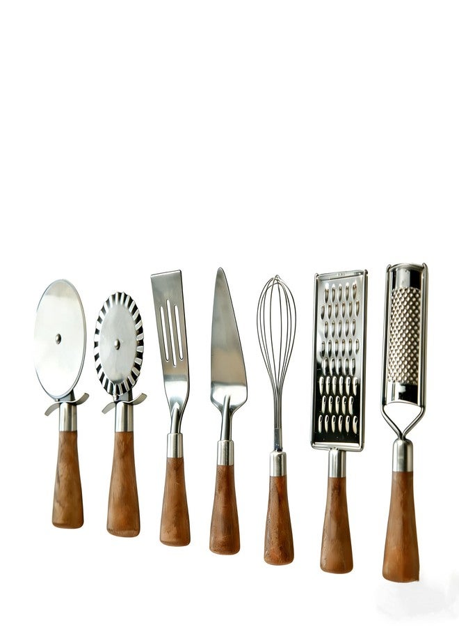 HIFIND Kitchen Gadget Utensils Set, 7PCS Stainless Steel Pizza Baking Tool Set with Large Wood Grain Handle, Multi-Functional Cooking Utensils for Pizza Making, Baking - Ergonomic, Dishwasher Safe - Image 1