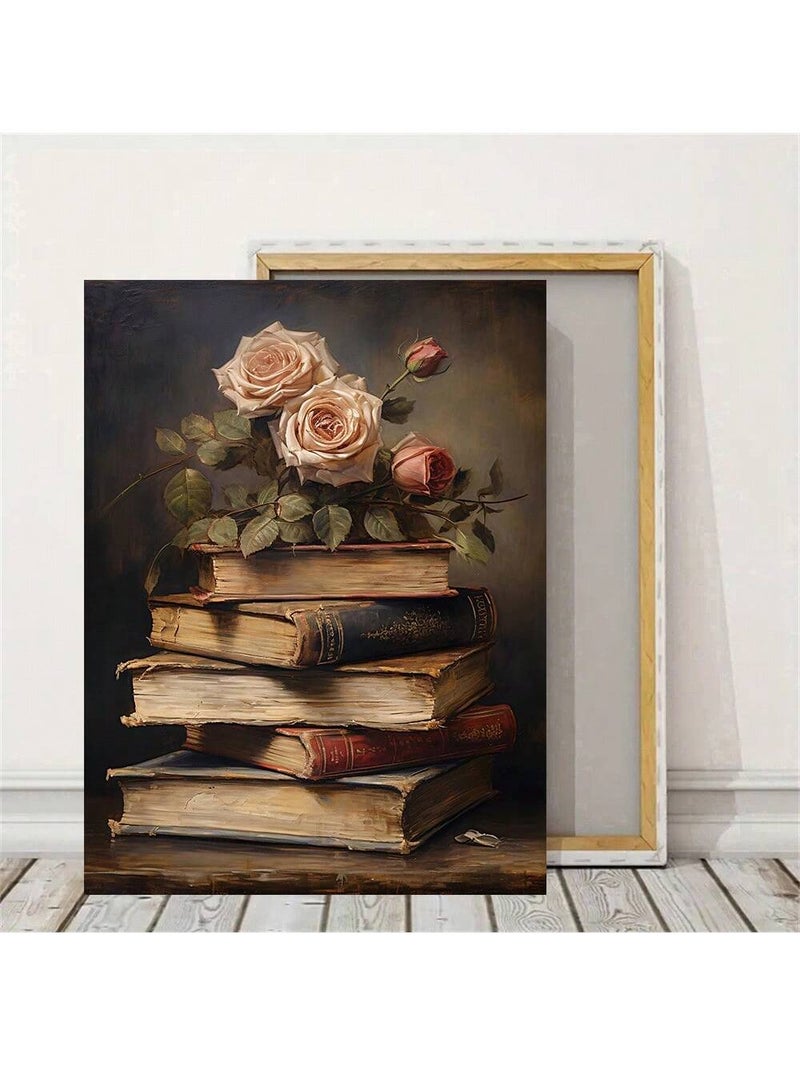 لوحات جداريه بإطار مقاس 50×40 سم بتصميم كتب قديمة مع ورود كلاسيكية - Image 4