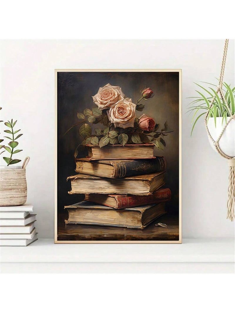 لوحات جداريه بإطار مقاس 50×40 سم بتصميم كتب قديمة مع ورود كلاسيكية - Image 1