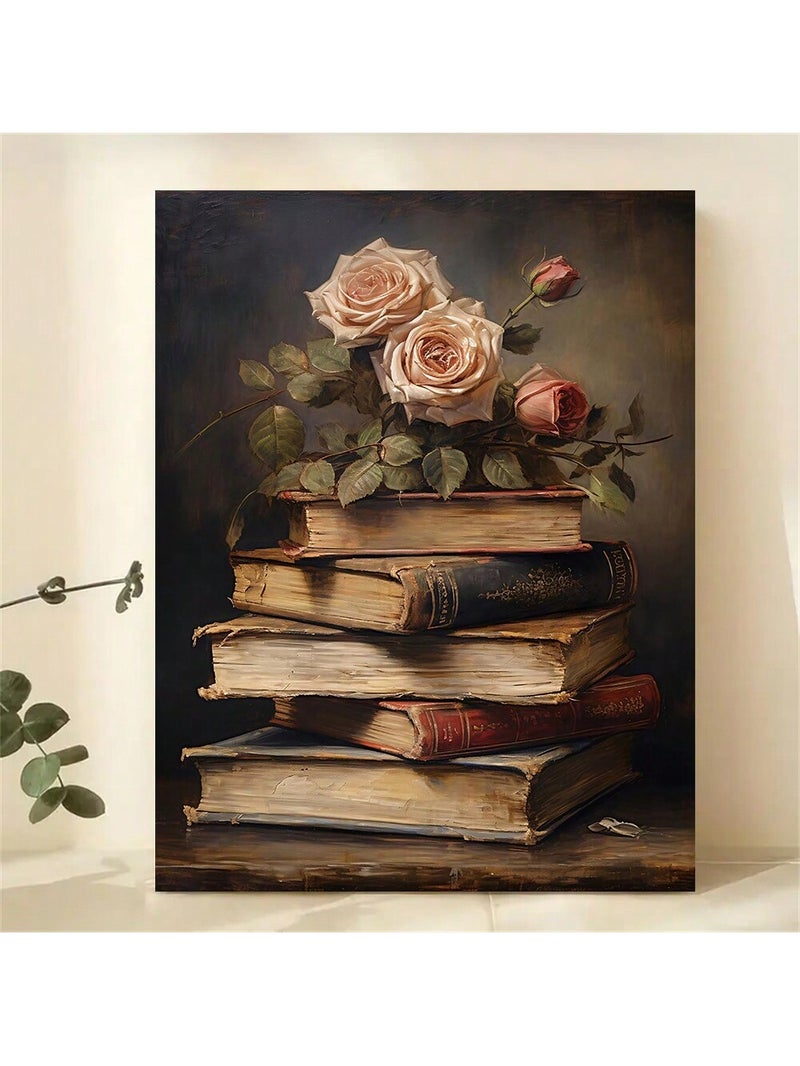 لوحات جداريه بإطار مقاس 50×40 سم بتصميم كتب قديمة مع ورود كلاسيكية - Image 2