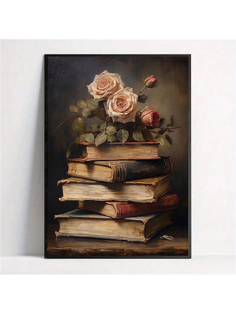 لوحات جداريه بإطار مقاس 50×40 سم بتصميم كتب قديمة مع ورود كلاسيكية - Image 3