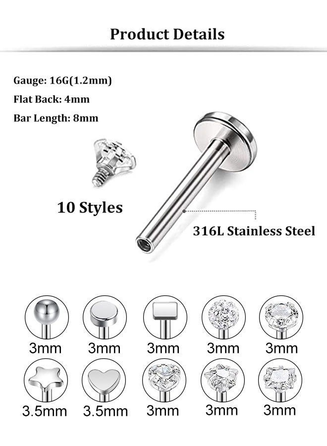 HAWAWA 20 Pcs 16G Stainless Steel Labret Studs Lip Rings for Men Women 3mm CZ Nose Studs Cartilage Earrings Tragus Helix Piercing Jewelry 8mm Bar Length  - Image 2