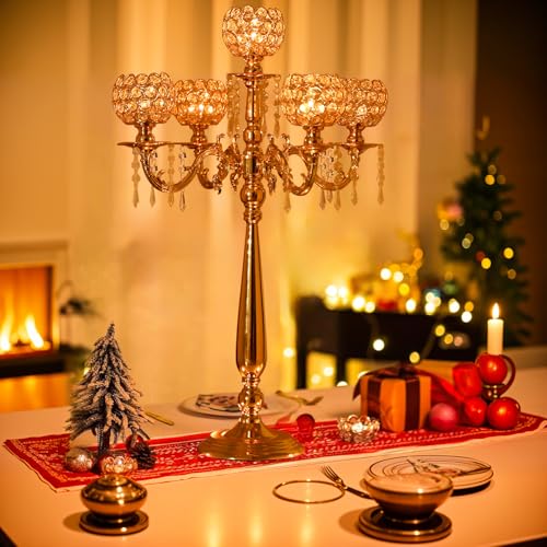 VINCIGANT4Sets 5 Arm Crystal Candelabra Centerpieces for Wedding,29.5Inches Tall Silver Metal Candlestick Holders with 5 Flower Bowl Holder for Anniversary Bathroom Party Home Decoration - Image 2