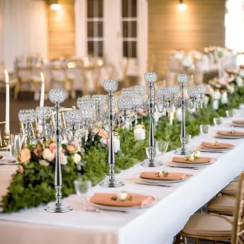 VINCIGANT4Sets 5 Arm Crystal Candelabra Centerpieces for Wedding,29.5Inches Tall Silver Metal Candlestick Holders with 5 Flower Bowl Holder for Anniversary Bathroom Party Home Decoration - Image 3