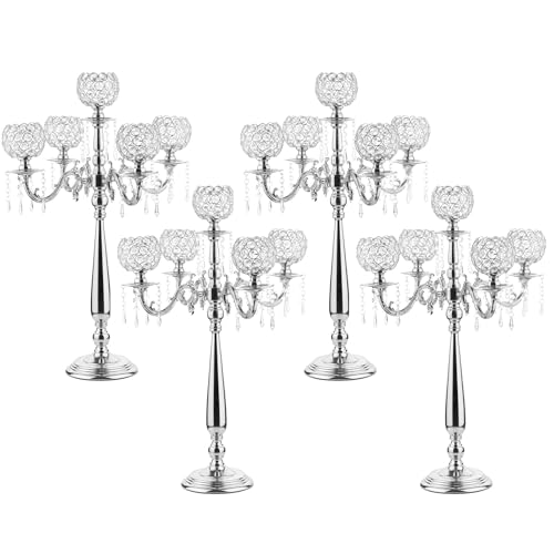 VINCIGANT4Sets 5 Arm Crystal Candelabra Centerpieces for Wedding,29.5Inches Tall Silver Metal Candlestick Holders with 5 Flower Bowl Holder for Anniversary Bathroom Party Home Decoration - Image 1