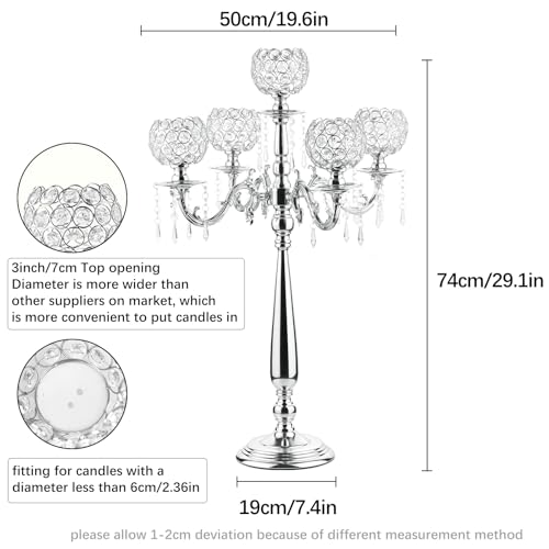 VINCIGANT4Sets 5 Arm Crystal Candelabra Centerpieces for Wedding,29.5Inches Tall Silver Metal Candlestick Holders with 5 Flower Bowl Holder for Anniversary Bathroom Party Home Decoration - Image 5