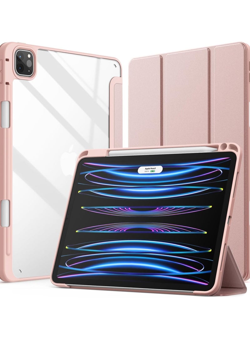 MIGOFAST iPad Pro 11 Inch (2022/2021/2020/2018) with Pencil Holder, Clear Transparent Back Shell Slim Stand Shockproof Tablet Cover, Auto Wake/Sleep Rose Gold Pink - Image 1
