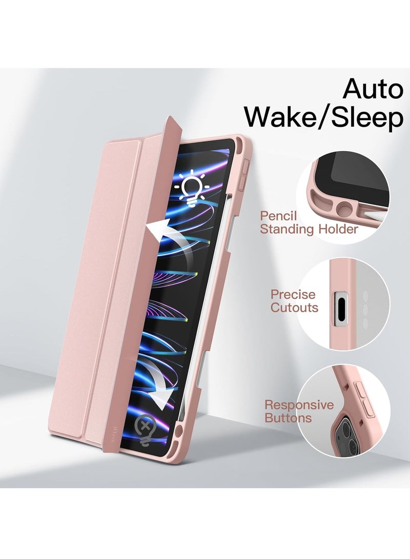 MIGOFAST iPad Pro 11 Inch (2022/2021/2020/2018) with Pencil Holder, Clear Transparent Back Shell Slim Stand Shockproof Tablet Cover, Auto Wake/Sleep Rose Gold Pink - Image 3