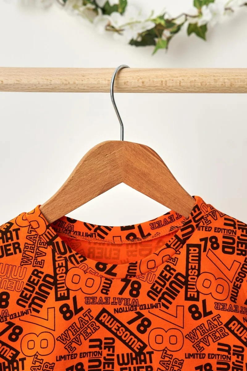 Babygiz Orange Boy's Short Sleeve Patterned Crew Neck Anti-Sweat, Soft Comfortable 100% Cotton Combed Cotton T-Shirt