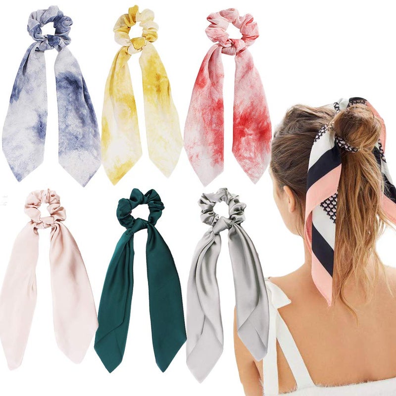 Silk Satin Hair Scrunchies Hair Scarf with Flower Pattern Stripe Printed Hair Bobbles for Ponytail Holder 6 Pcs Multicolored