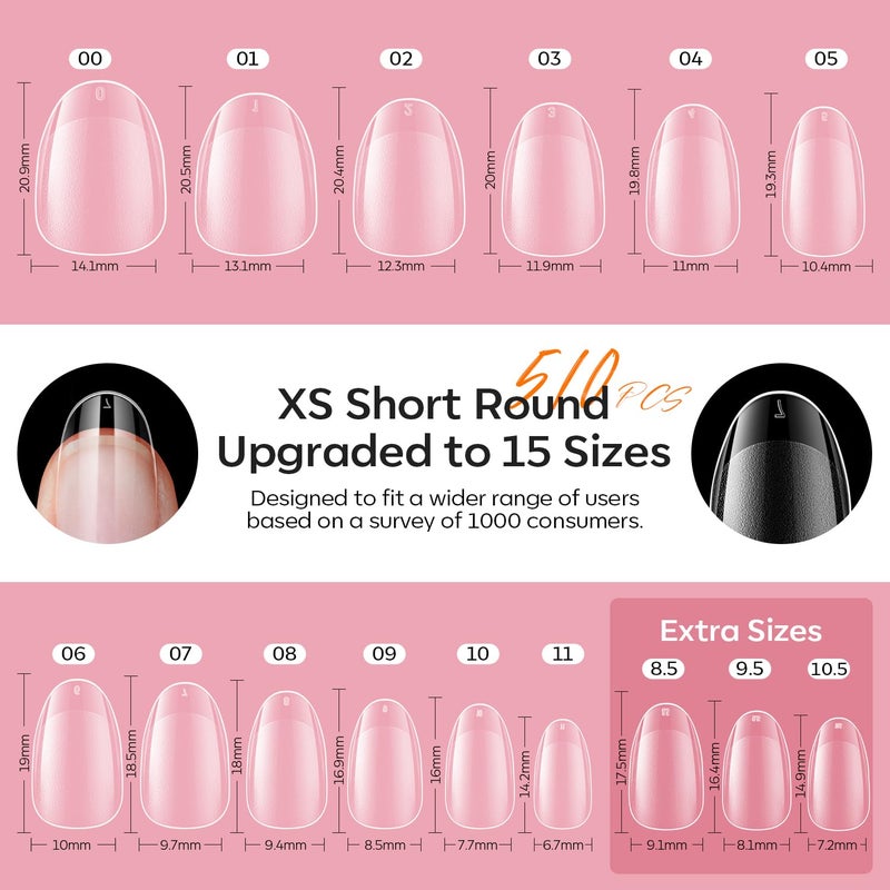 modelones X Nail Gel Kit Extra Short Oval Round, 510Pcs Fake Nails 15Sizes, 9-in-One Glue Prep Dehydrator & Mini U V Light Clipper, Pre-shaped Half Matte Press on Oval Tips for Extension DIY Salon - Image 2