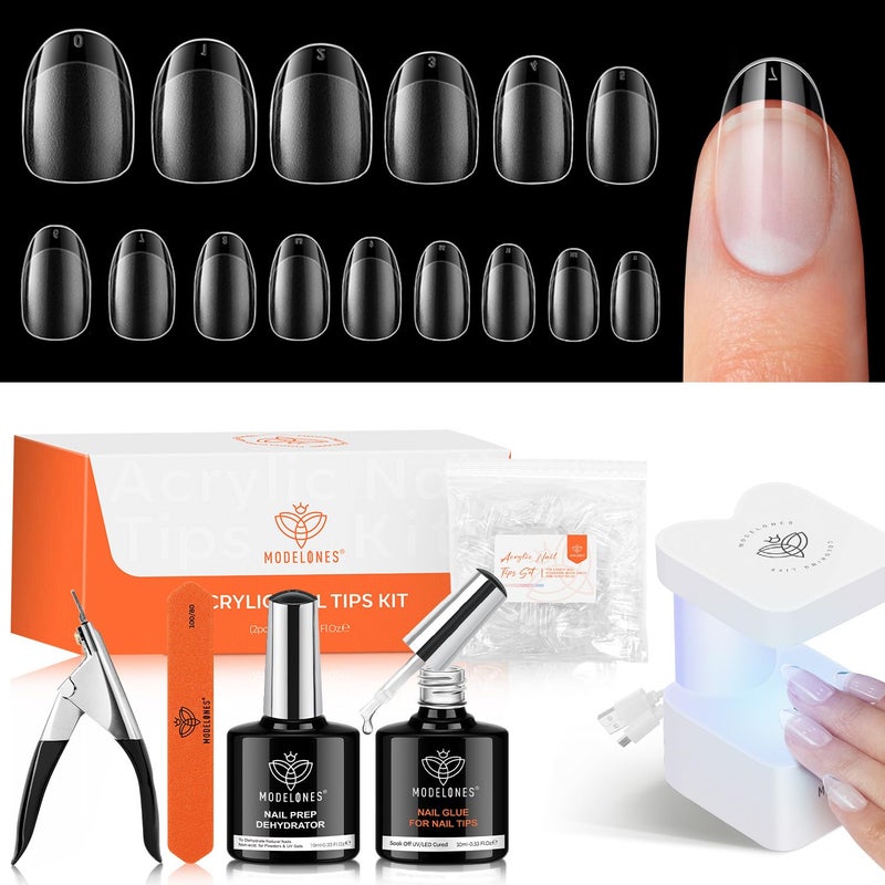 modelones X Nail Gel Kit Extra Short Oval Round, 510Pcs Fake Nails 15Sizes, 9-in-One Glue Prep Dehydrator & Mini U V Light Clipper, Pre-shaped Half Matte Press on Oval Tips for Extension DIY Salon - Image 1