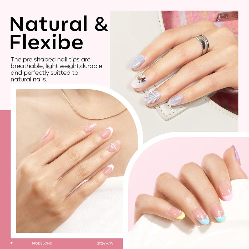 modelones X Nail Gel Kit Extra Short Oval Round, 510Pcs Fake Nails 15Sizes, 9-in-One Glue Prep Dehydrator & Mini U V Light Clipper, Pre-shaped Half Matte Press on Oval Tips for Extension DIY Salon - Image 4