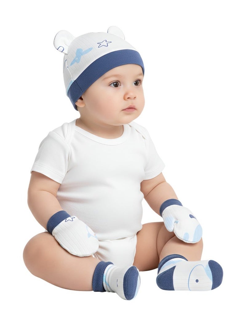 Bambimici – Stars and Whale Print Baby Hat, Mittens, and Booties Set – Blue - Image 2