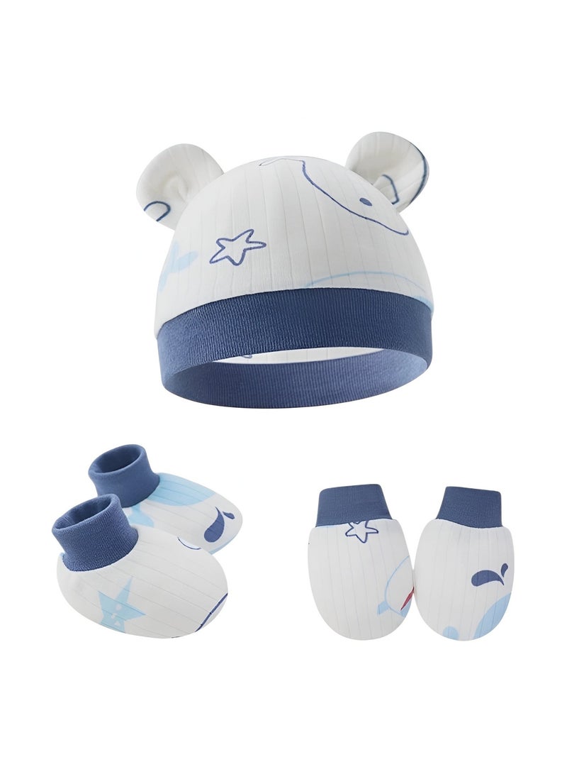 Bambimici – Stars and Whale Print Baby Hat, Mittens, and Booties Set – Blue - Image 3