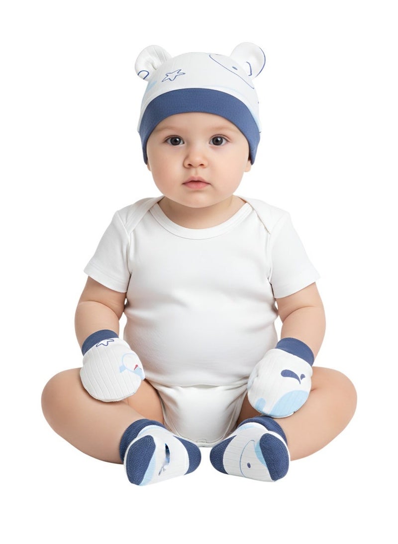 Bambimici – Stars and Whale Print Baby Hat, Mittens, and Booties Set – Blue - Image 1