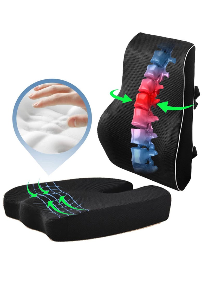 XiuWoo Advanced Portable Ergonomic Seat Cushion and Lumbar Support Pillow Set with Extra Large Memory Foam Back Support Pillow Cushion for Car Office Computer Chair Wheelchair - Image 1