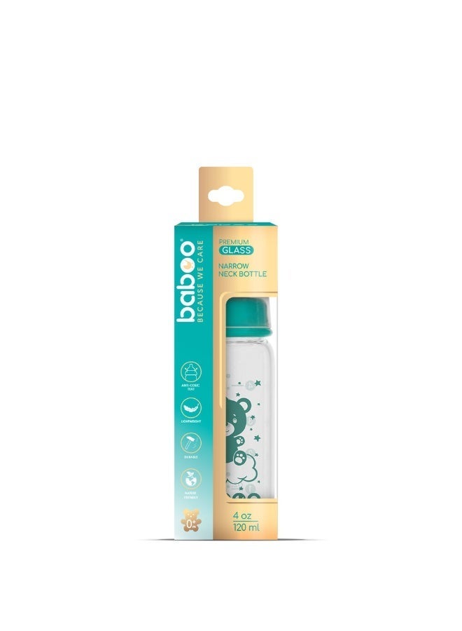 Baboo Anti-Colic Glass Bottle with Narrow Neck | (4 OZ) Newborn Anti-Colic Baby Bottle with Natural Response Nipple Suitable for 0+ Months | Baby Glass Bottle with Narrow Neck Cap, Easy to Clean 120ml