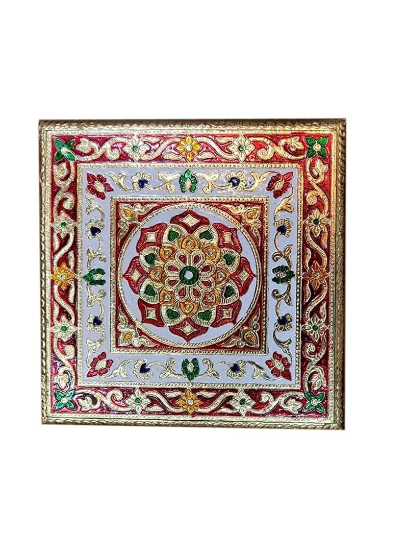 Generic Handcrafted Wood Minakari Chowki aluminium wrap Flower Design | Premium Quality Bajot with Metal Stand for Home & Office Decor Size (20 x 20 x 4)  - Image 2