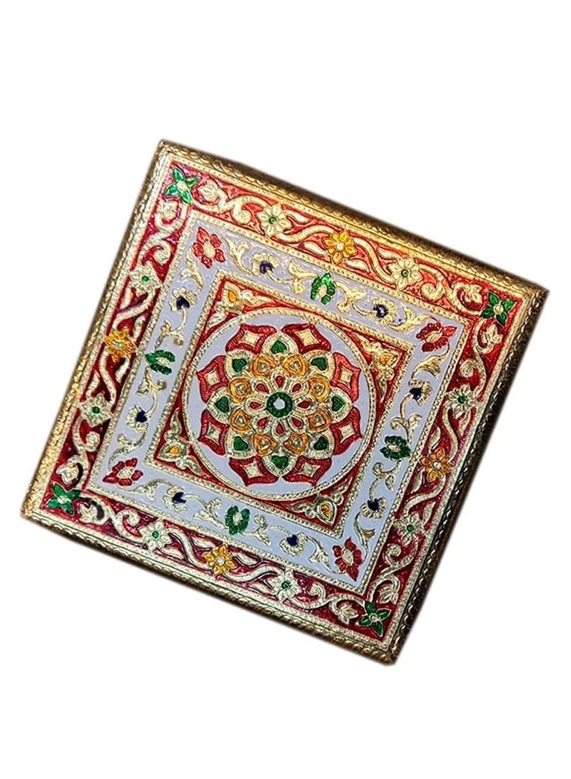 Generic Handcrafted Wood Minakari Chowki aluminium wrap Flower Design | Premium Quality Bajot with Metal Stand for Home & Office Decor Size (20 x 20 x 4)  - Image 3
