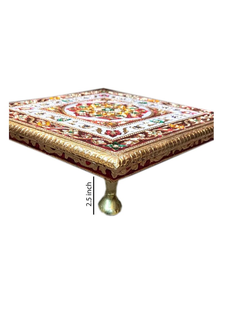 Generic Handcrafted Wood Minakari Chowki aluminium wrap Flower Design | Premium Quality Bajot with Metal Stand for Home & Office Decor Size (20 x 20 x 4)  - Image 1