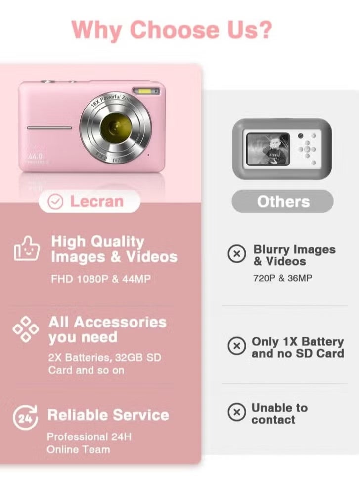 ZONBON Digital Camera Video Camcorder, FHD 1080P Kids Camera, 44MP Point-and-shoot Digital Camera with 32GB Card, 16x Zoom Anti-shake, For Boys/Girls - Image 2