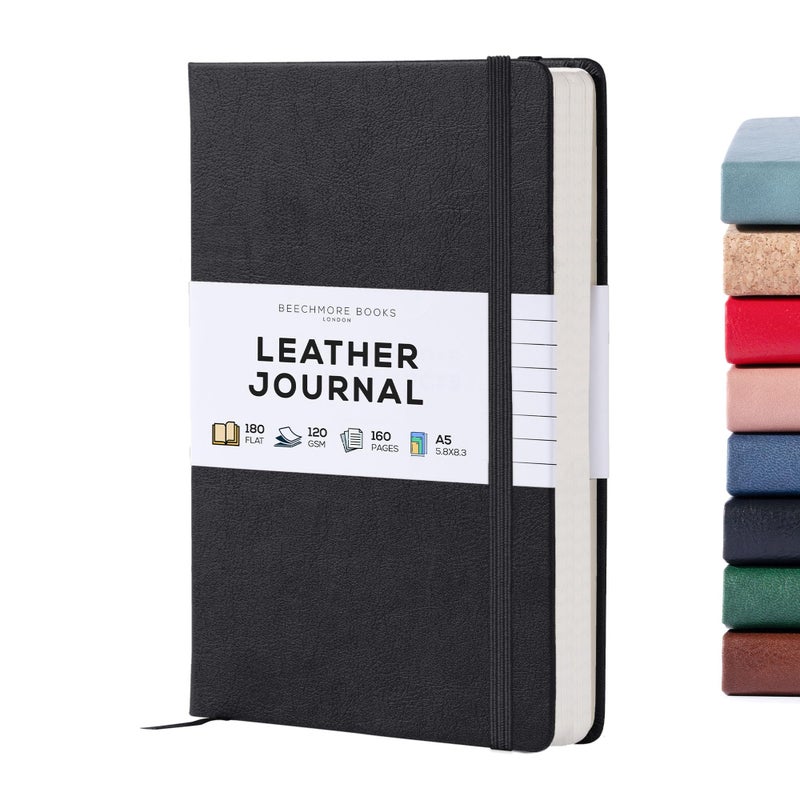 Beechmore Books دفتر ملاحظات بيشيمور المغلف، 5.8 × 8.3 بوصة، A5 160 صفحة مخططة، دفاتر جلدية صلبة للنساء والرجال، الكتابة والملاحظات للعمل - ورق سميك 120 جرام، صندوق هدايا متضمن - Image 1
