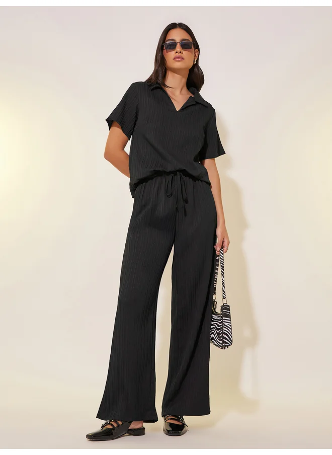 Take Two Take Two Textured Collared Top and Drawstring Waist Pants Co-Ords