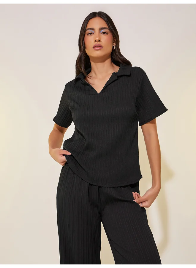 Take Two Take Two Textured Collared Top and Drawstring Waist Pants Co-Ords
