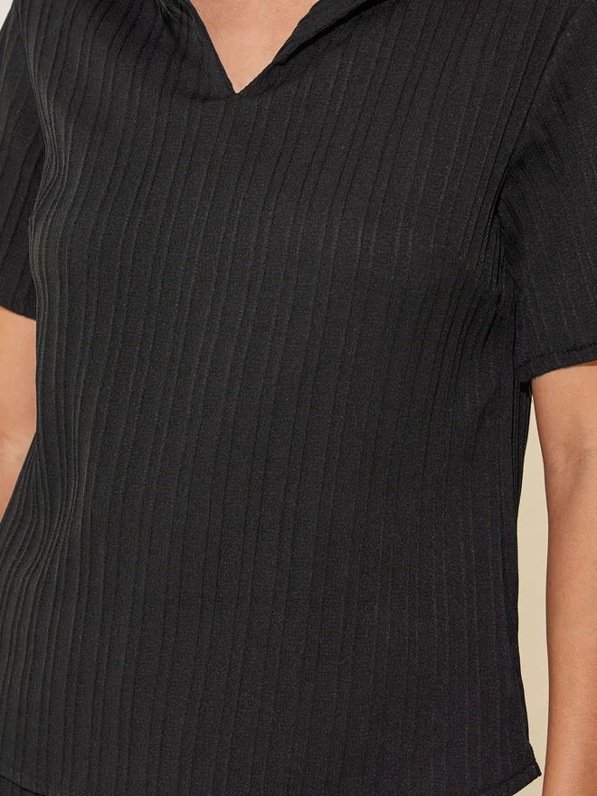 Take Two Take Two Textured Collared Top and Drawstring Waist Pants Co-Ords