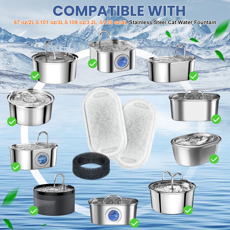Beyolike Cat Water Fountain Filter Replacement, 8 Pcs Pet Water Fountain Filters with 8 Pcs Sponges Foam for 67oz/2L & 108oz/3.2L Stainless Steel Automatic Cat Water Fountain Dispenser Filters - Image 2