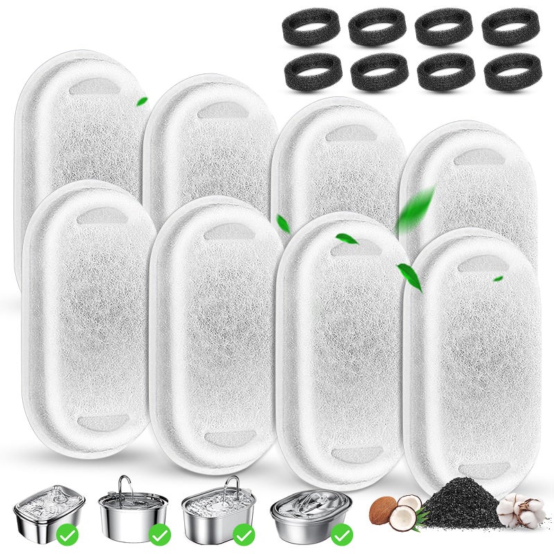Beyolike Cat Water Fountain Filter Replacement, 8 Pcs Pet Water Fountain Filters with 8 Pcs Sponges Foam for 67oz/2L & 108oz/3.2L Stainless Steel Automatic Cat Water Fountain Dispenser Filters - Image 1