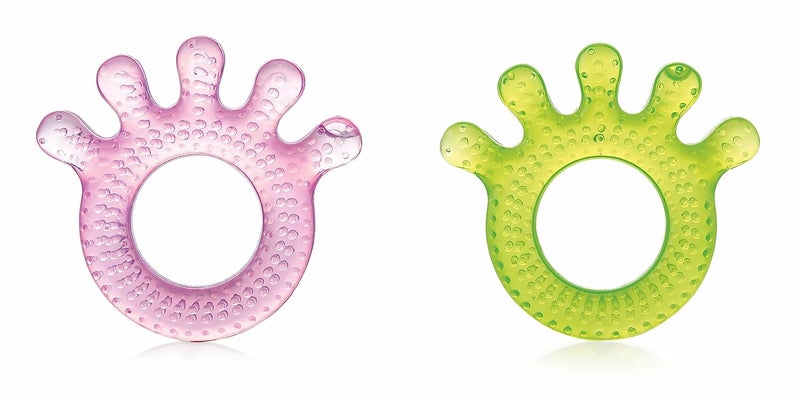 Beebaby Teethers for 6 to 12 Months BPA Free. Cooling Water Filled Baby Teether, Soft Teething Toy for Babies with Carry Case, Soothes Gums and Easy to Grip. 100% BPA, PVC Free. (Fingers - Pink_Green, Pack of 2) - Image 1