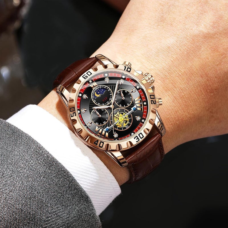 KASTWAVE Mens Luxury Skeleton Automatic Mechanical Wrist Watches, Durable,Waterproof Dial with Precise Quartz Movement, Leather Moon Phase Watch for Everyday, Business Casual - Image 2