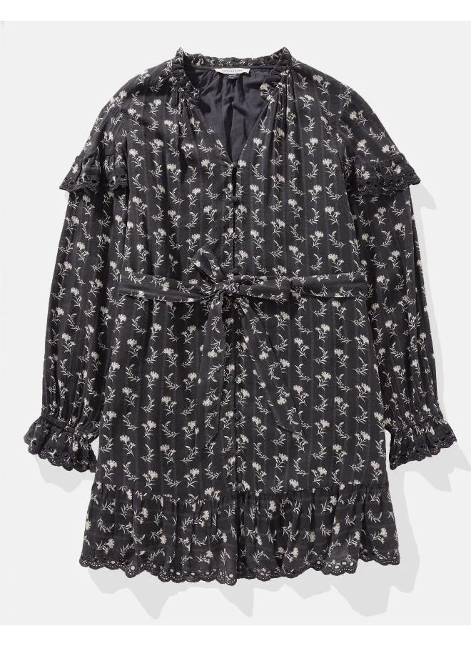 American Eagle AE Long-Sleeve Button-Up Ruffle Mini Dress