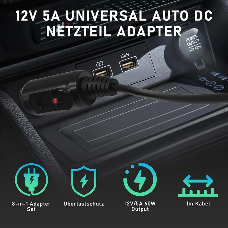 محول طاقة تيار مستمر عالمي للسيارة 12 فولت 5 أمبير، مقاس 5.5 × 2.5 مم، كابل USB بطول 1 متر مع 8 محولات، محول قابس مجوف لولاعة السجائر في السيارة متوافق مع مشغل DVD وجي بي إس وجهاز لوحي وكاميرا - Image 2