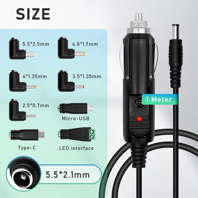 محول طاقة تيار مستمر عالمي للسيارة 12 فولت 5 أمبير، مقاس 5.5 × 2.5 مم، كابل USB بطول 1 متر مع 8 محولات، محول قابس مجوف لولاعة السجائر في السيارة متوافق مع مشغل DVD وجي بي إس وجهاز لوحي وكاميرا - Image 5