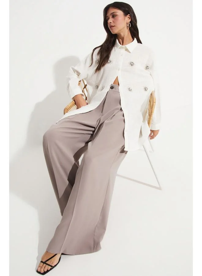 JUNE June Embroidered Detailed Loose Fit Shirt White