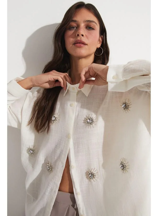 JUNE June Embroidered Detailed Loose Fit Shirt White