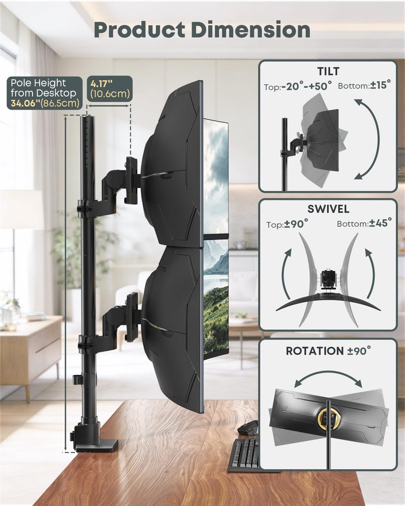 Putilsen Mount Dual Monitor-Arm Ultrawide Heavy Duty - 24-57 inch Vertical Dual Monitor Mount, Adjustable Stacked Double Monitor Desk Mount Stand, Max Load 59.4 lbs (per Arm), VESA 75/100 mm, Black - Image 5