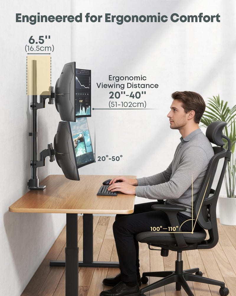 Putilsen Mount Dual Monitor-Arm Ultrawide Heavy Duty - 24-57 inch Vertical Dual Monitor Mount, Adjustable Stacked Double Monitor Desk Mount Stand, Max Load 59.4 lbs (per Arm), VESA 75/100 mm, Black - Image 4