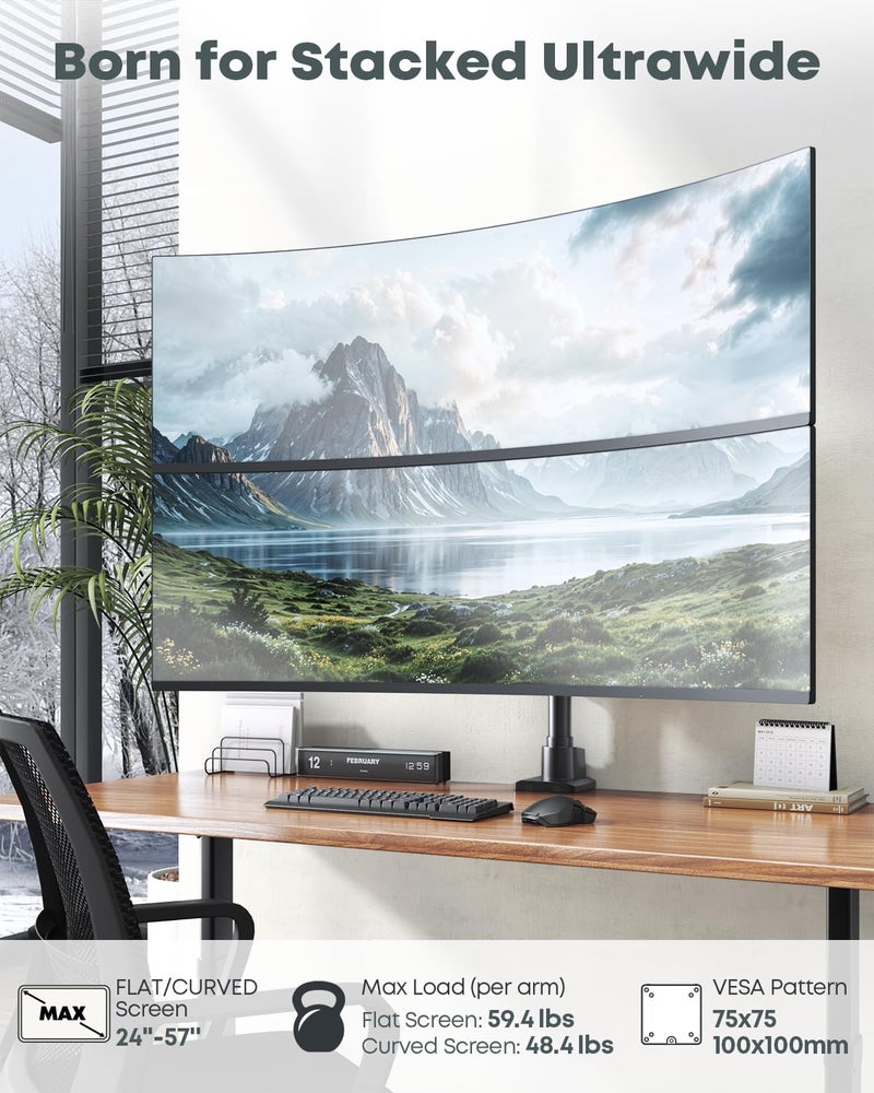 Putilsen Mount Dual Monitor-Arm Ultrawide Heavy Duty - 24-57 inch Vertical Dual Monitor Mount, Adjustable Stacked Double Monitor Desk Mount Stand, Max Load 59.4 lbs (per Arm), VESA 75/100 mm, Black - Image 2