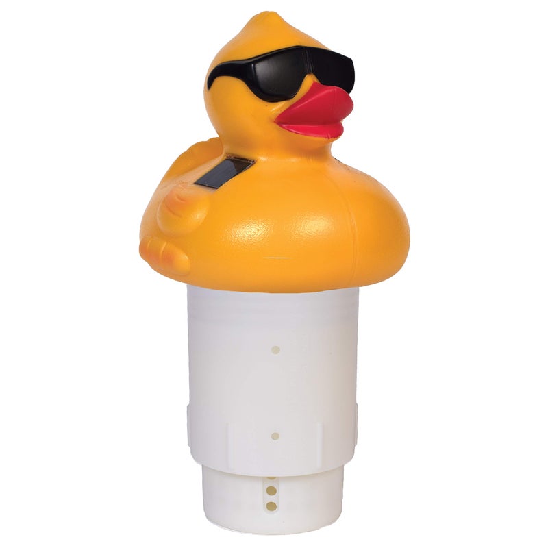 GAME Solar Light-Up Derby Duck Pool Chlorinator; 3â€-Tablet Chlorine Dispenser; LED Lights; Light Sensor; Expandable Basket; Adjustable Flow Rate; Duck, Tiki, Globe, Pineapple, & Volcano - Image 1