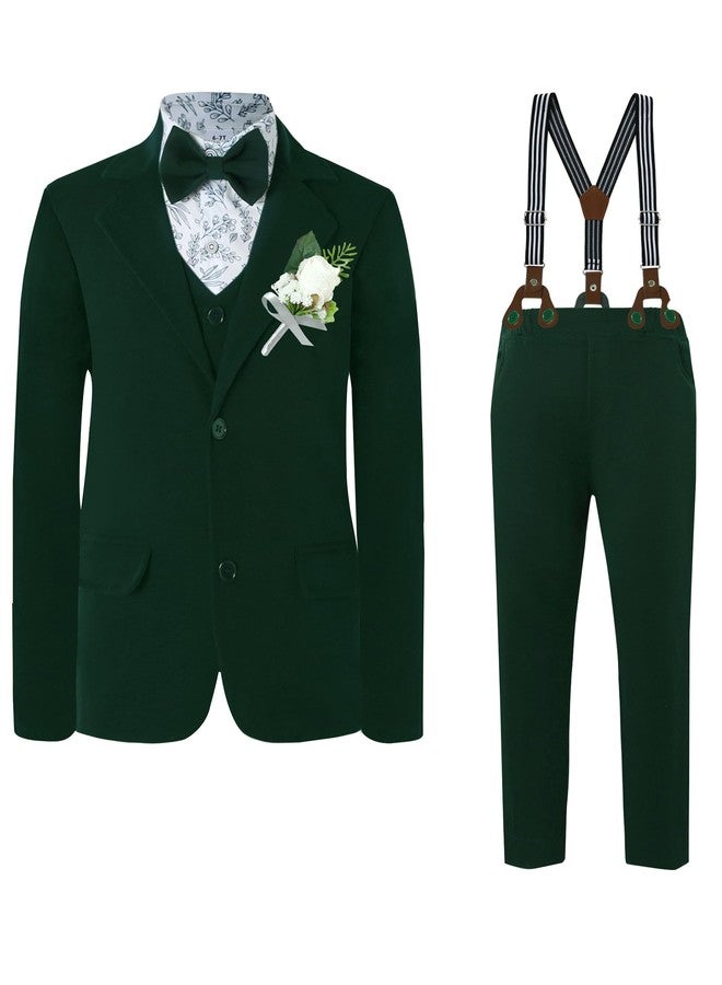 DISAUR Green Boys Formal Outfit Boys Christening Outfits for Memorial Services 7 Pcs Including Jacket, Pants, Shirt, Vest, Corsage, Suspender and Bow Tie for 9-10 Years - Image 1