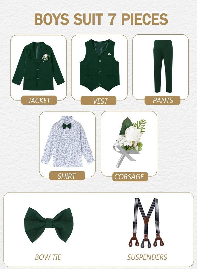 DISAUR Green Boys Formal Outfit Boys Christening Outfits for Memorial Services 7 Pcs Including Jacket, Pants, Shirt, Vest, Corsage, Suspender and Bow Tie for 9-10 Years - Image 2