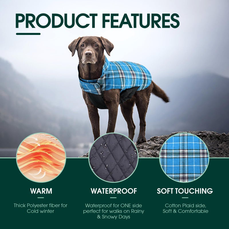 Kuoser Warm Dog Coat, Waterproof Dog Jacket for Extra Large Dogs, Adjustable Durable XXL Doggie Winter Coat Reversible Puppy Cold Weather Apparel from Small to Large Breed, Blue XXL - Image 3