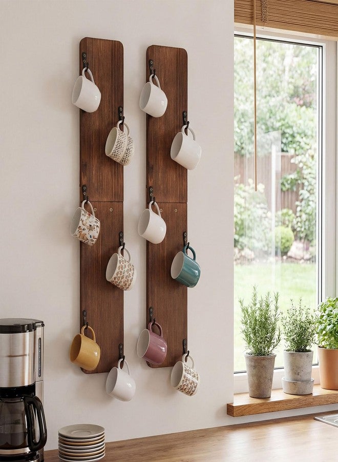 Singhoow 2 Pack Coffee Mug Holder Rack Hanger Wall Mounted 6 Hook Solid Wood Cup Holder Display Shelf Storage Organizer for Homes Bars Kitchen Wall Cabinet - Image 1