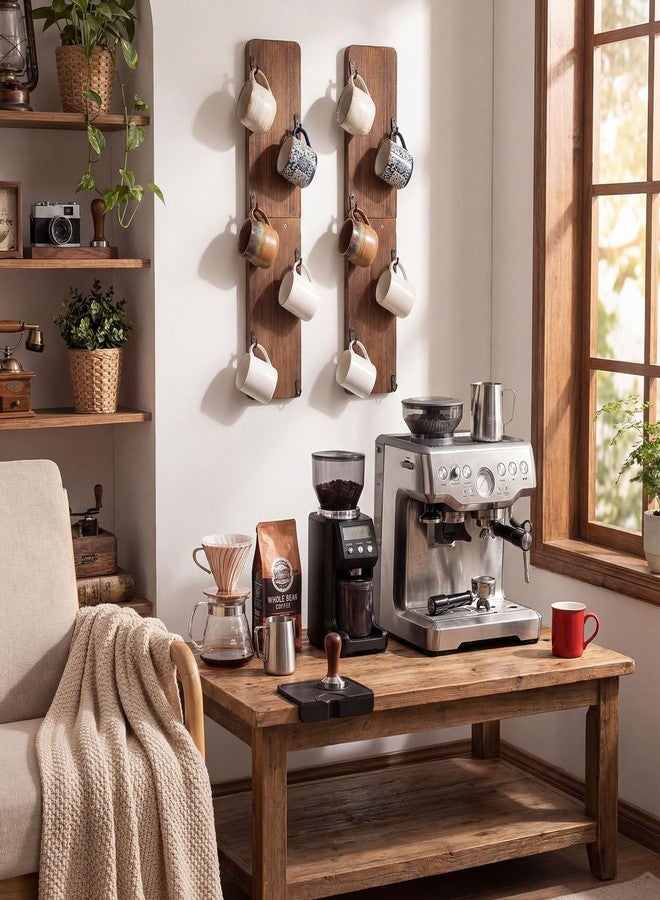 Singhoow 2 Pack Coffee Mug Holder Rack Hanger Wall Mounted 6 Hook Solid Wood Cup Holder Display Shelf Storage Organizer for Homes Bars Kitchen Wall Cabinet - Image 5